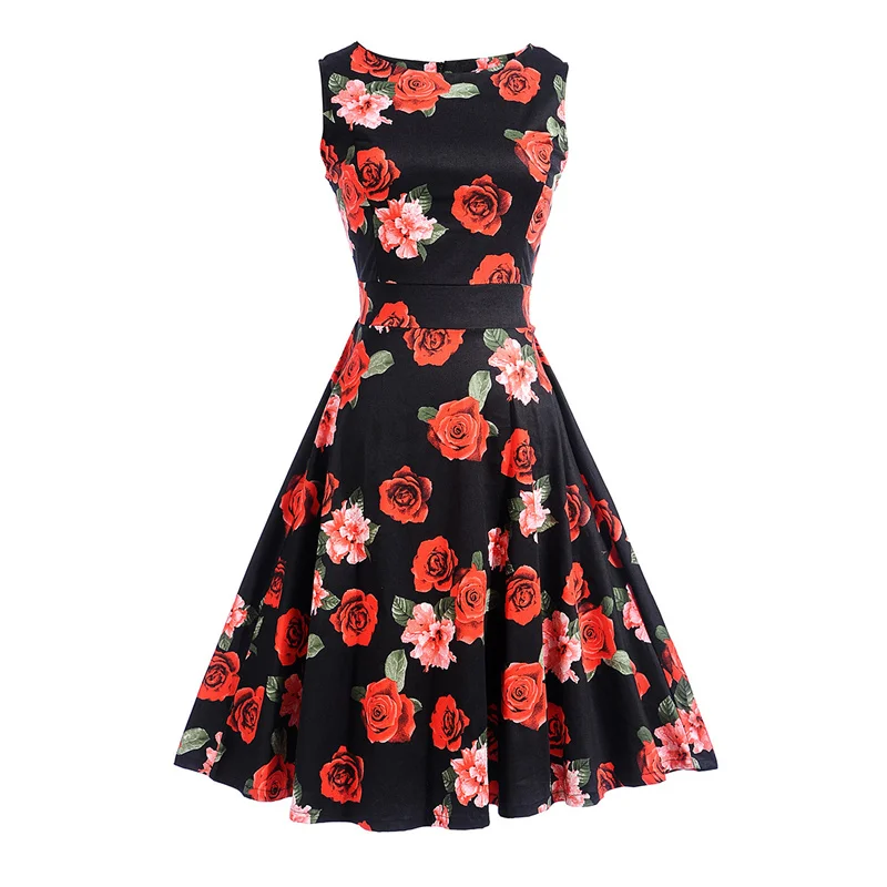 Kostlish Print Summer Dress Women 2017 Sleeveless Big Swing Belt Tunic Vintage Dress Elegant Rockabilly Party Dresses Sundress (5)