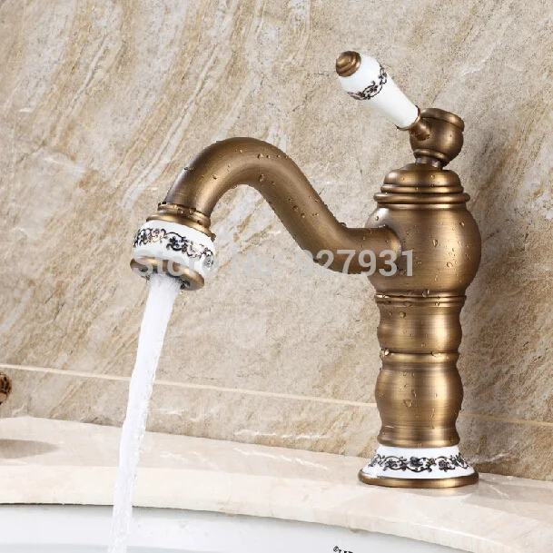 Fashion Deck Mounted Single Handle Basin Sink Mixer Faucet Antique Brass Long Neck Bathroom Vessel Sink