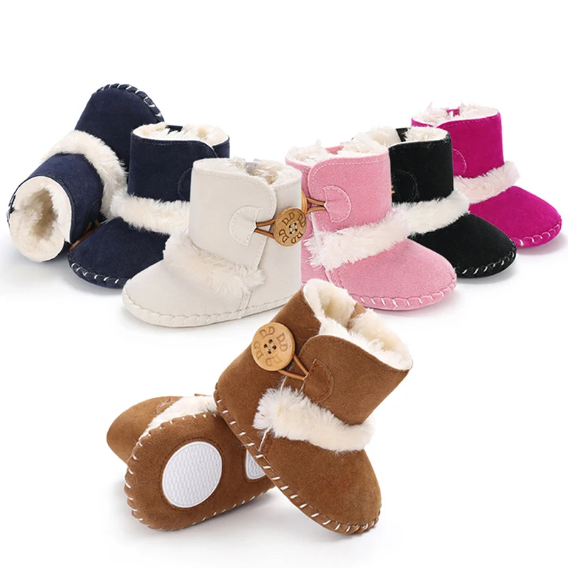 Baby Warm Snow Boots Boy Girl Winter Cotton Fabric Buckle Strap Flat With Plush Lining Rubber Outsole Non-slip Shoes