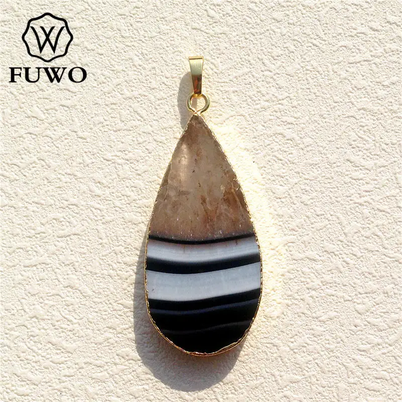 FUWO Natural Banded Agates Gem Stone Pendant 24K Electroplated High Quality Water Drop Shape Raw Crystal Jewelry Wholesale PD063 | Украшения