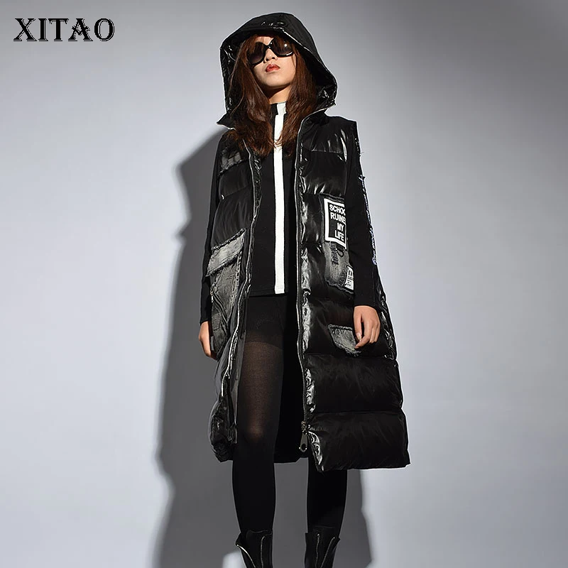 

[XITAO] 2018 Autumn Korea Fashion New Arrival Women Hooded Collar Sleeveless Vest Femael Patchwork Letter Pocket Vest LJT4786