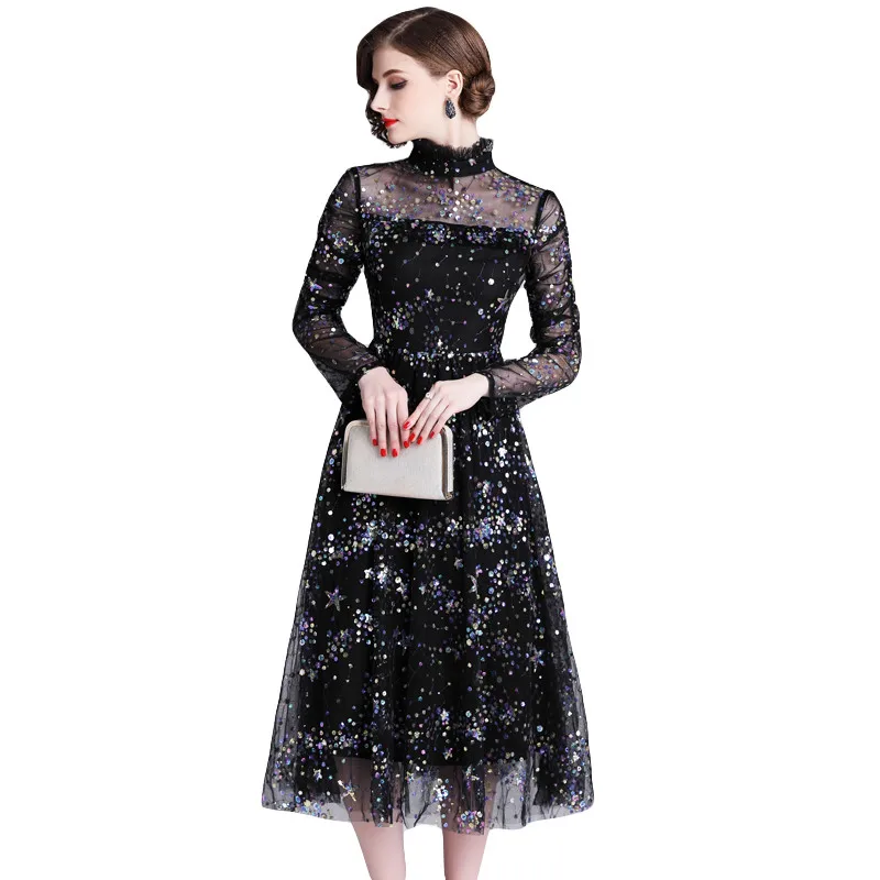 BLLOCUE высокое качество осень взлетно посадочной полосы платье Женская мода Стенд оборками с длинным рукавом дизайнеры сетки блестками