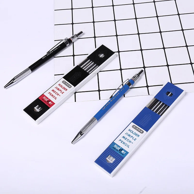 

High Quality 2.0 mm 2B Lead Holder With 12 pcs Refills Leads Metal Mechanical Pencil For Drafting Drawing Writing Stationery