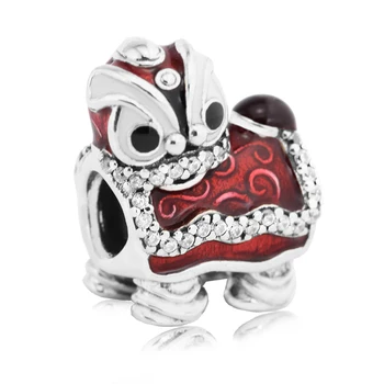 

China New Year Beads Chinese Lion Red Charm Fits Original Silver DIY Beads Bracelets For Woman Sterling Silver Jewelry