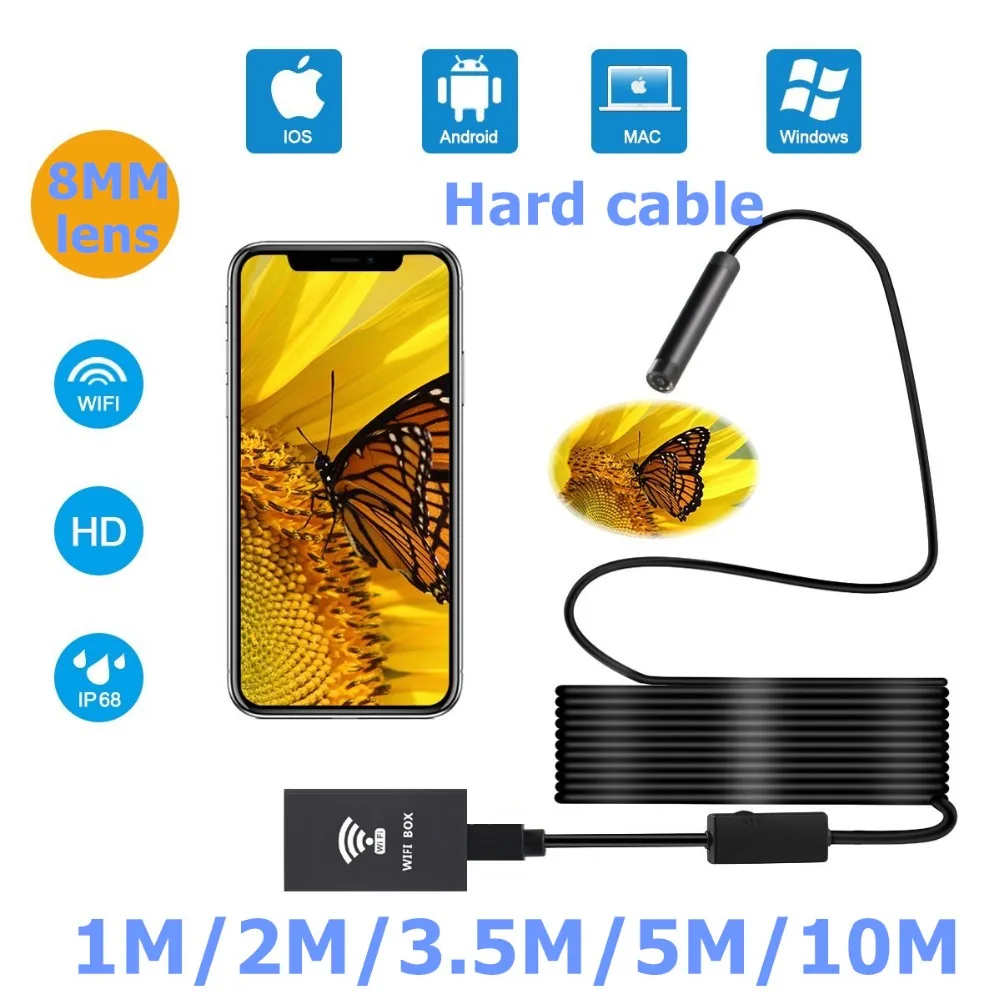 

LESHP 8mm 1200P HD WIFI Endoscope Camera Hard Cable 1/2/3.5/5/10M IP68 Waterproof With Adjustable Light Button 8pcs LED Light