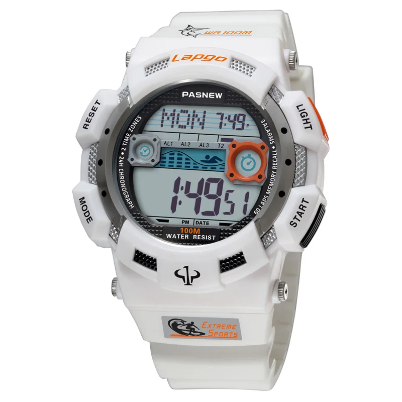 Pasnew, новинка, мужские часы, светодиодный, 100 м, для дайвинга, для плавания, модные, цифровые, многофункциональные, водонепроницаемые, для спорта на открытом воздухе, наручные часы, PLG-1002D - Цвет: White
