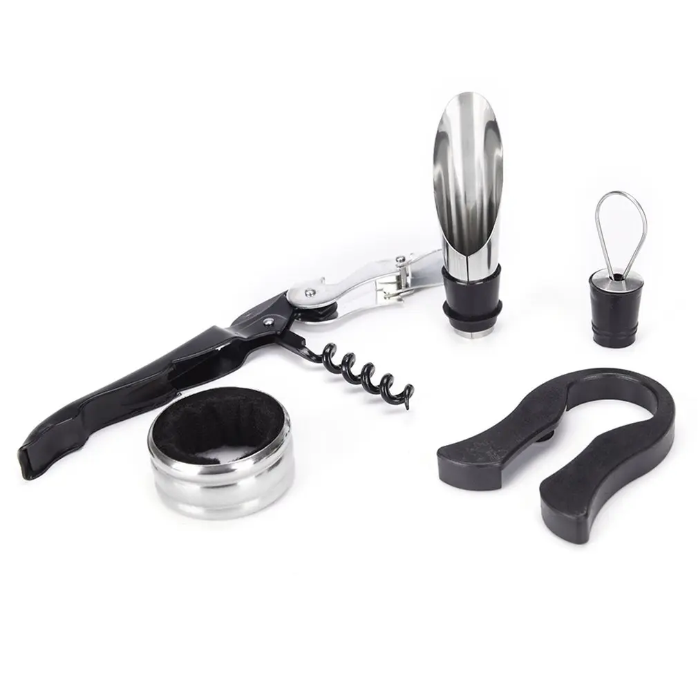 Dropshipping 4pcs/set Stainless Steel Red Wine Bottle Cork Opener Foil Cutter Ring Pourer Kit Set with Leather Gift Box 2017 hot |