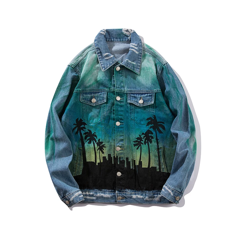 Мужская джинсовая куртка в уличном стиле хип-хоп, потертая Мужская куртка с принтом кокосовой пальмы, свободная Мужская куртка на весну и осень - Цвет: Зеленый