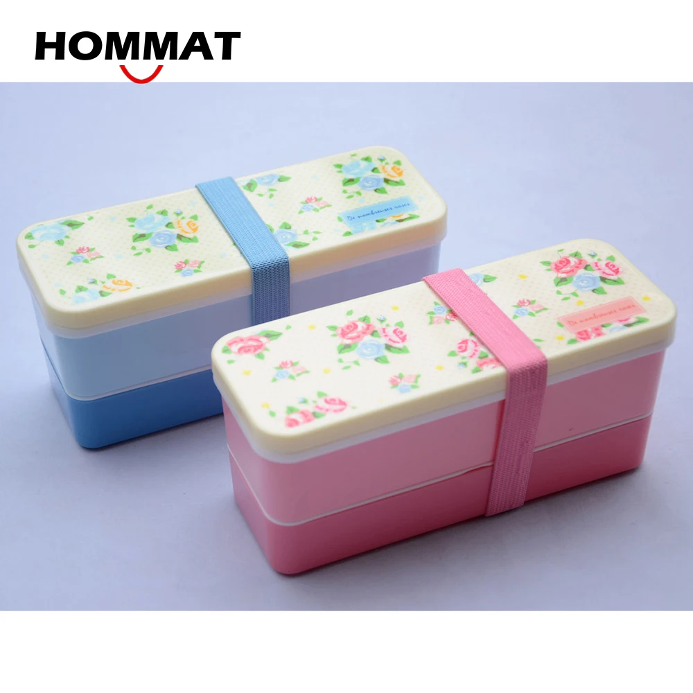 2PCS Set Small Japanese Bento Lunch Boxs for Kids Plastic Food Sushi Box Food Container Lunchbox w Belt Rose Pattern Pink & Blue(China (Mainland))