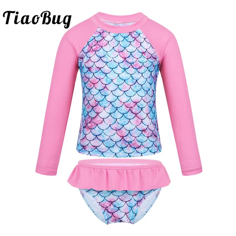 TiaoBug Kids Girls 2 Pieces Mermaid Swimsuit Fish Scales Print Swimming Costumes Racerback Tank Top with Bottom