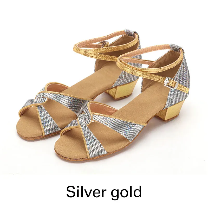 Новинка; детская обувь для латинских танцев; качественная обувь для бальных танцев для женщин; детская обувь для девочек на низком каблуке; обувь для латинских танцев; женская обувь для сальсы - Цвет: Silver gold