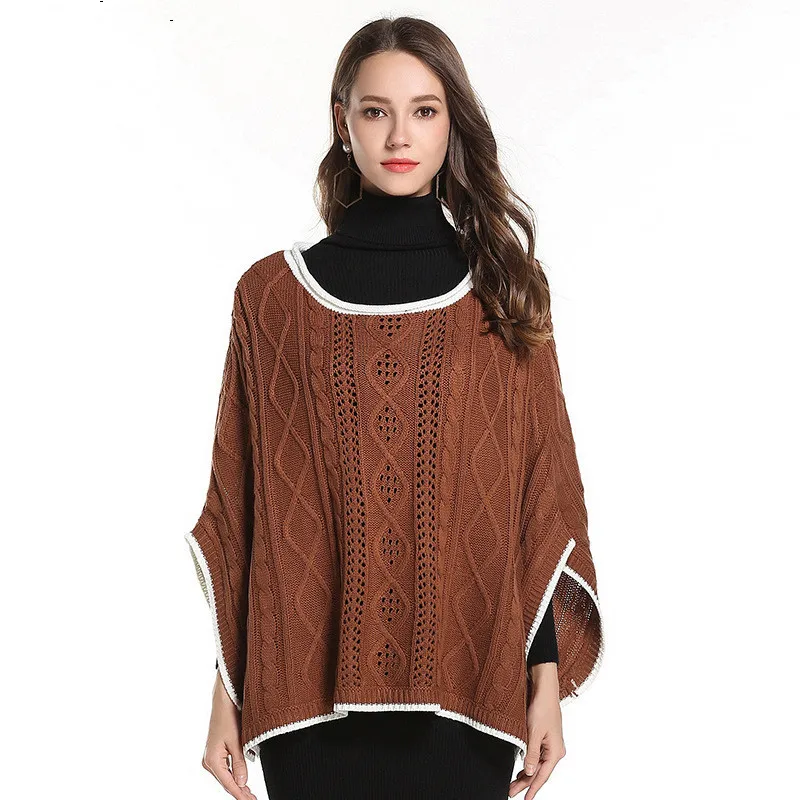 Осень Зима женский свитер с круглым вырезом Полосатый лоскутный плащ с коротким рукавом Свободная Женская одежда вязаный Повседневный Модный Топ пальто - Цвет: camel