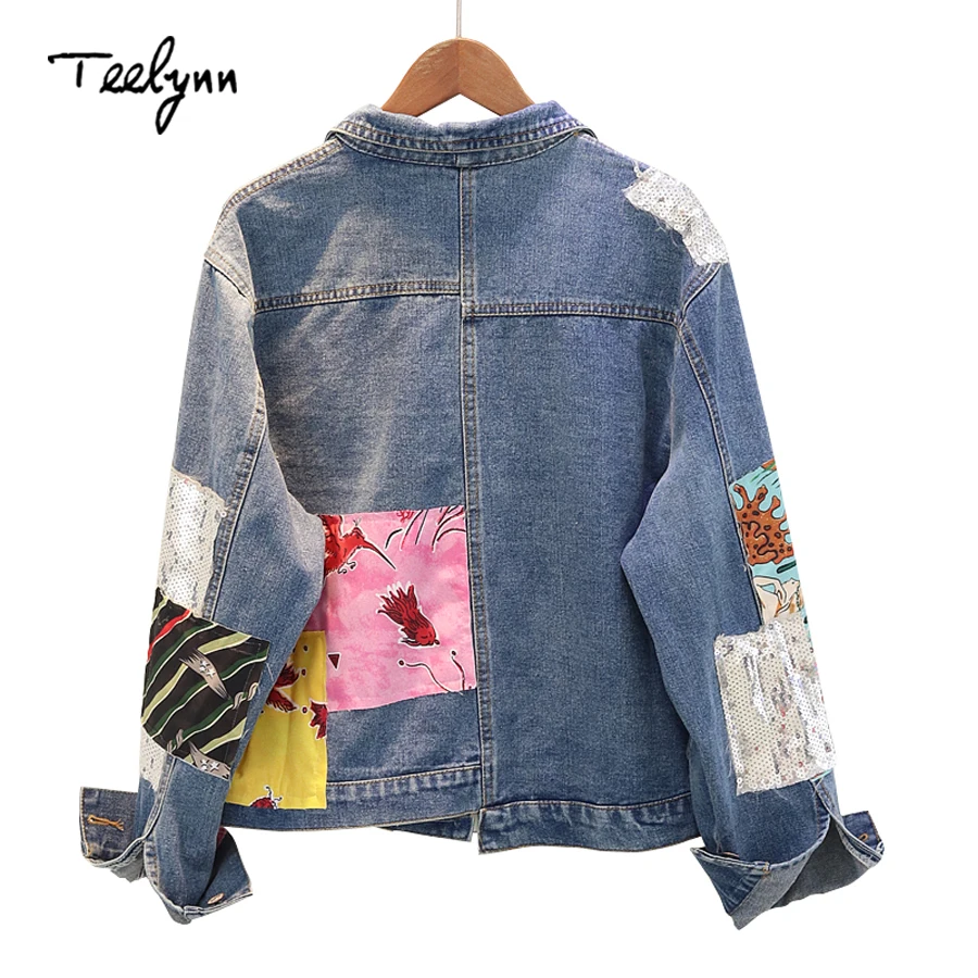 Automne Manteau Boho Broderie Longue Pour Qppliques Teelynn Animé Femmes Jean Veste Wintage Dessin En Manche Les Motif Atwqpdx7w