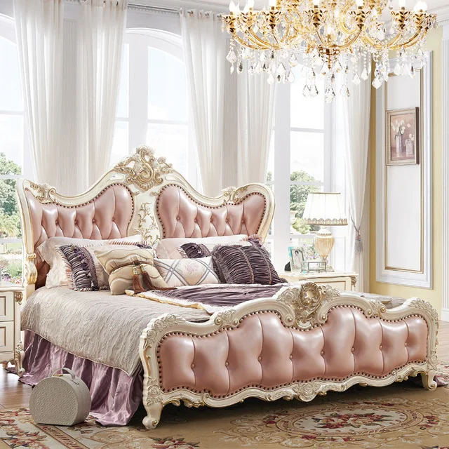 أثاث غرفة نوم العتيقة الفرنسية نمط الملك حجم الوردي جلدية سرير خشبي
