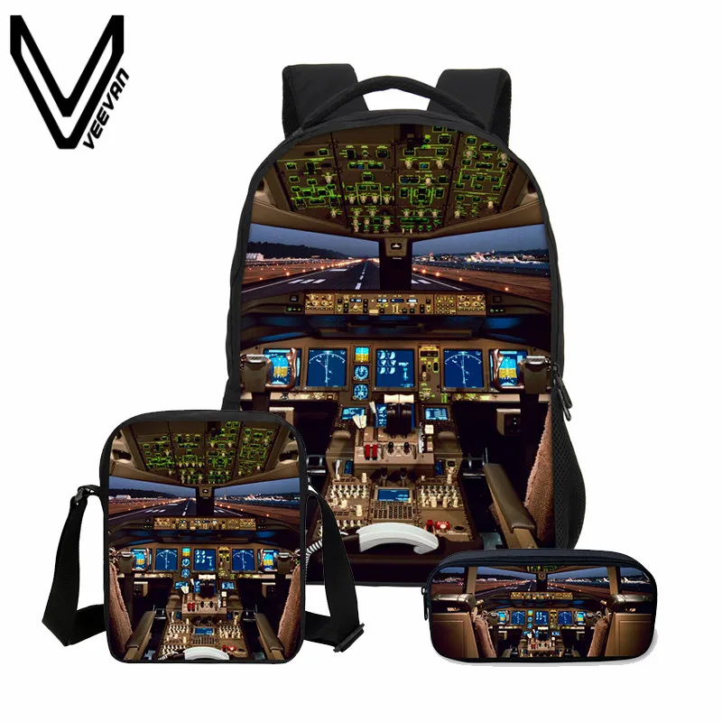 

VEEVANV 3 PCS/SET Men Backpacks 3D Aircraft Cabin Printing Bookbag Children Shoulder Bag Canvas Backpack Boys School Bag Fashion
