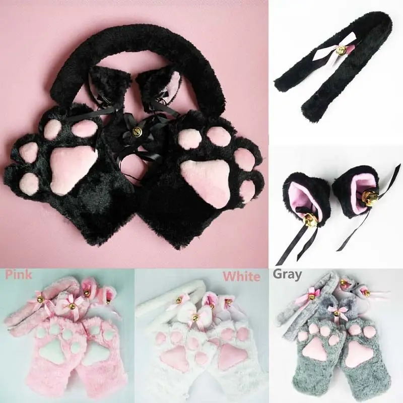 1 Set Plush Party Anime Cat Ears Cosplay Costume Paw Claw Gloves Tail Bow-tie