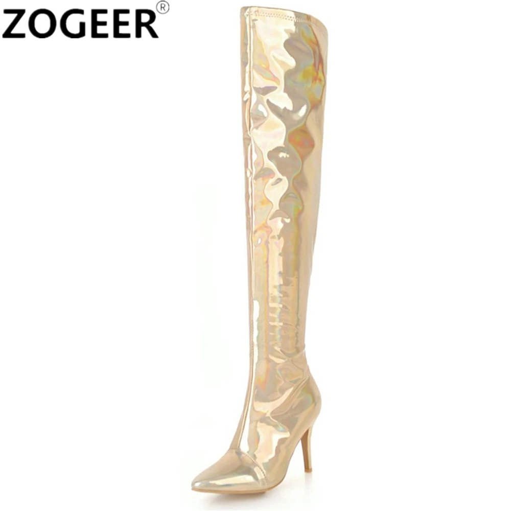 

Plus size 48 Women Fetish Boots Patent Leather Over The Knee Boots Sexy High Heels Gold Silver Ladies Nightclub Party Long Shoes