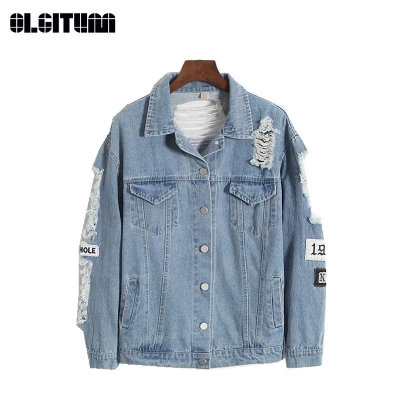 Olgitum Корея ретро ручная стирка с бахромой с вышитыми буквами Patch Bomber Jacket Светло-Голубые рваные джинсовая куртка JK200