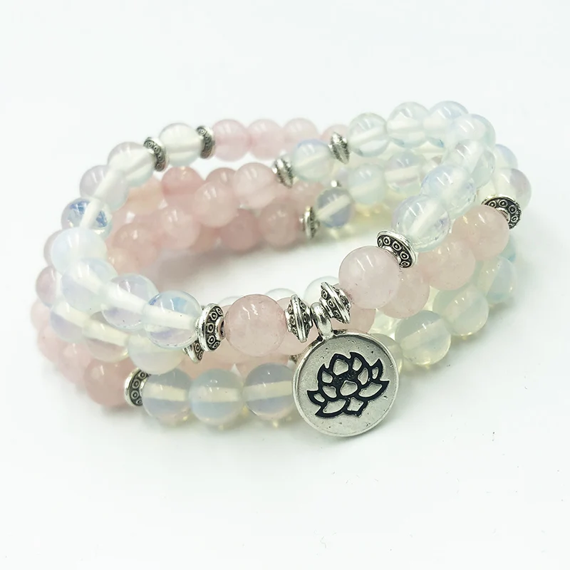 

108 Prayer Beads Spiritual Stones Natural Mala Fertility Opalite Rose Quartzs Bracelet Women Wrap OM Bracelet Lotus Mala Jewelry