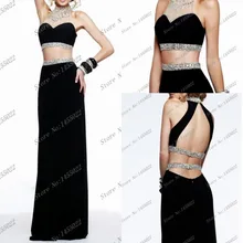 2014 nach Maß Neues Design Zweiteiler Prom Kleider High Neck Perlen Backless Kristall Schwarz Weihnachten Abendkleid Vestido Longo