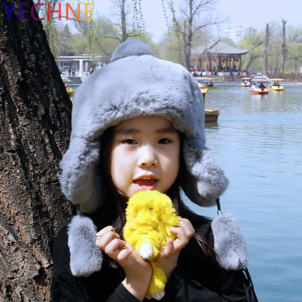 YECHNE Autumn Winter Parent-child Children Kids Girl Boy Bomber Cap Female Earmuff Hat Rex Rabbit Fur Hat Cap