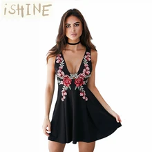iSHINE Summer Women's Fashion Vintage Dresses A-line Deep V Neck Retro Embroidery Sexy Sleeveless Dress