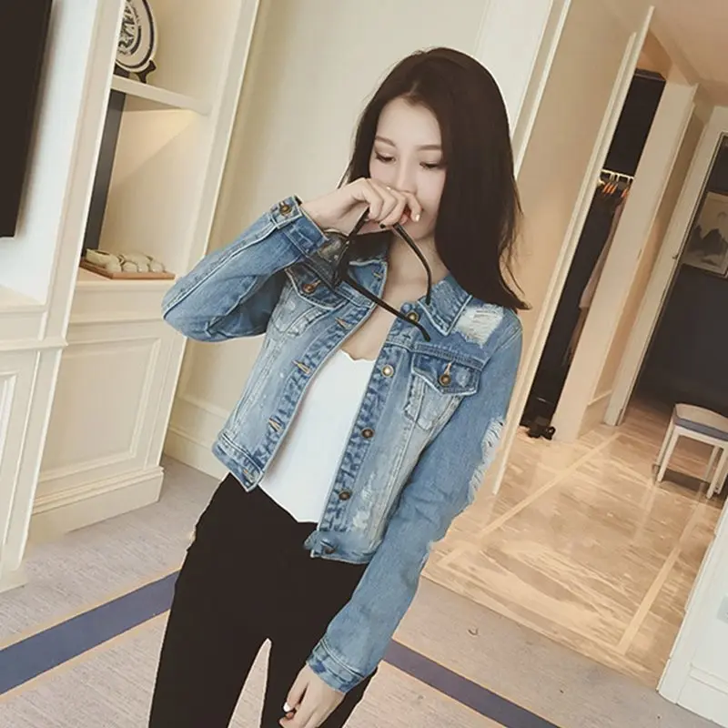 Укороченные джинсовые куртки женские топы винтажные джинсовые пальто корейские модные рваные школьные уличные женские пальто Весенняя