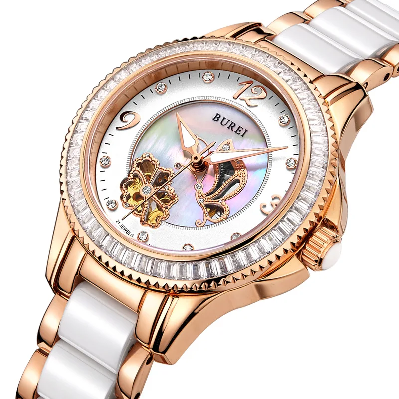 BUREI Luxury Crystal Sapphire Ladies Ceramic Band Automatic font b Mechanical b font Watch Waterproof Wristwatches