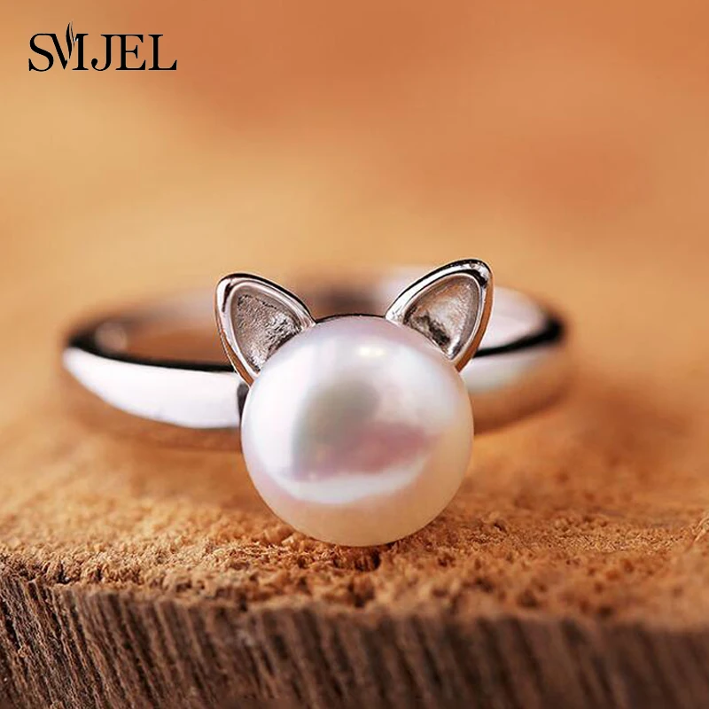 

SMJEL New Imitation Pearl Cat Ear Ring for Women Cute Animal Adjustable Ring Femme Bijoux Jewelry Birthday Gifts SYJZ140