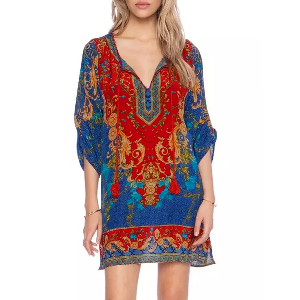 

Plus Size Summer Boho Dress Women's Fashion Sexy Chiffon V-neck Mini Dress Half Sleeve Vintage Style Printing Loose Dress