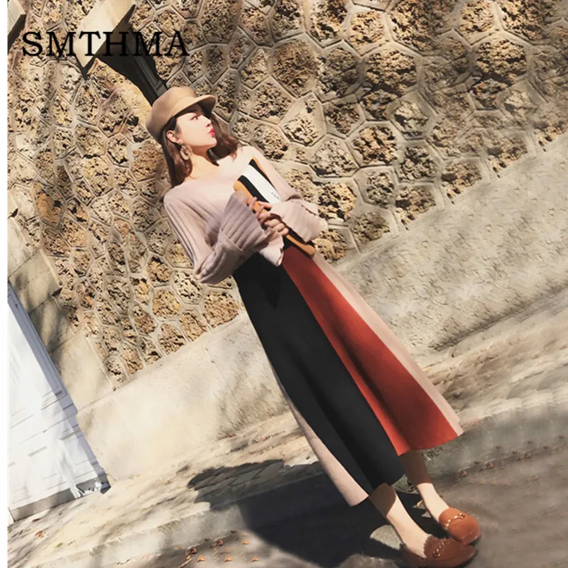 

SMTHMA Women Retro Flare Sleeve Runway Knitting Sweater +Skirts 2pcs Suits Winter Patchwork Skirt Knitted Graceful Suits
