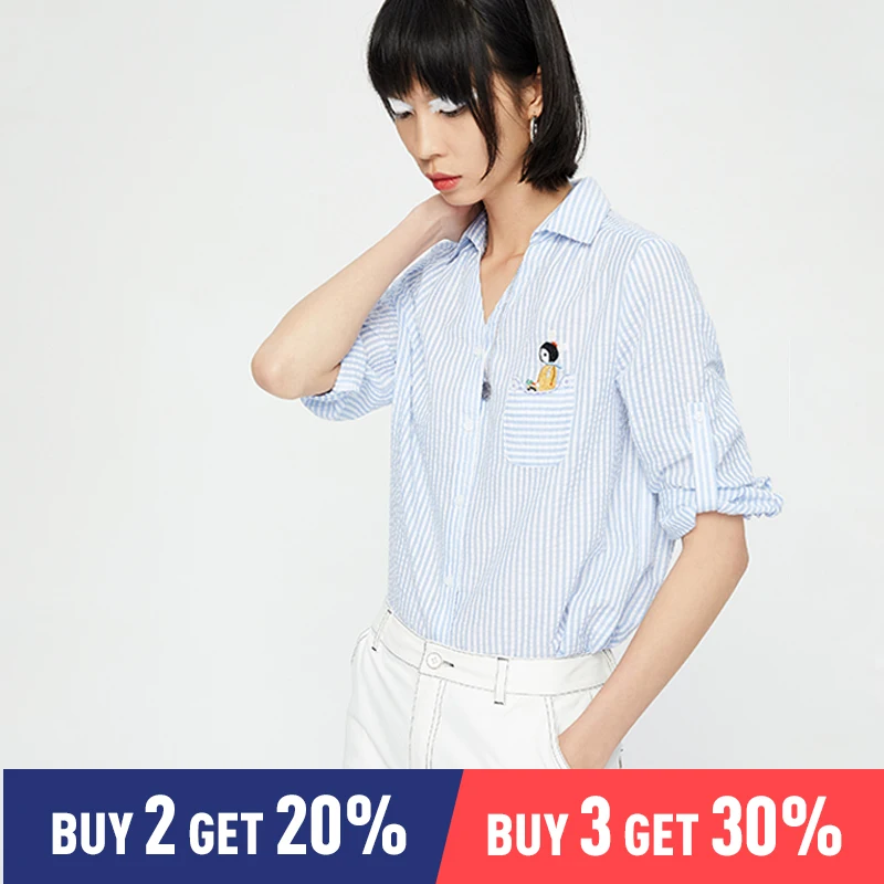 

Toyouth Women Blouses 2019 Turn Down Collar Embroidery Striped Elegant Office Lady Casual Half Sleeve Shirt Tops Chemise Femme