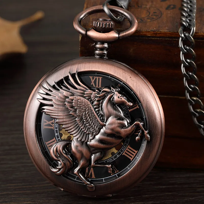 Preto com Asa do Vintage Mecânica do Vento Relógio de Bolso Cavalo Retro Homens Steampunk Relógio Cadeia Pingente Algarismos Romanos Oco Mão