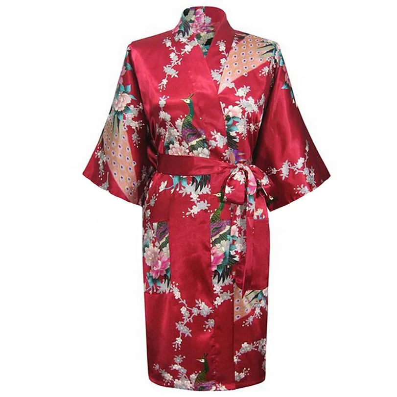 Бургундия Мода женщин Павлин кимоно Банный халат ночная сорочка халат юката пижамы с поясом S M L XL XXL XXXL KQ-13