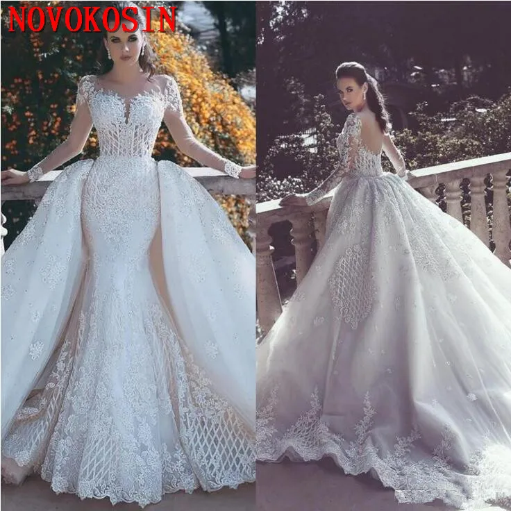 

2019 Vintage Mermaid Wedding Dresses With Detachable Train Lace Beading Sheer Neck Long Sleeves Backless Tulle Bridal Gown