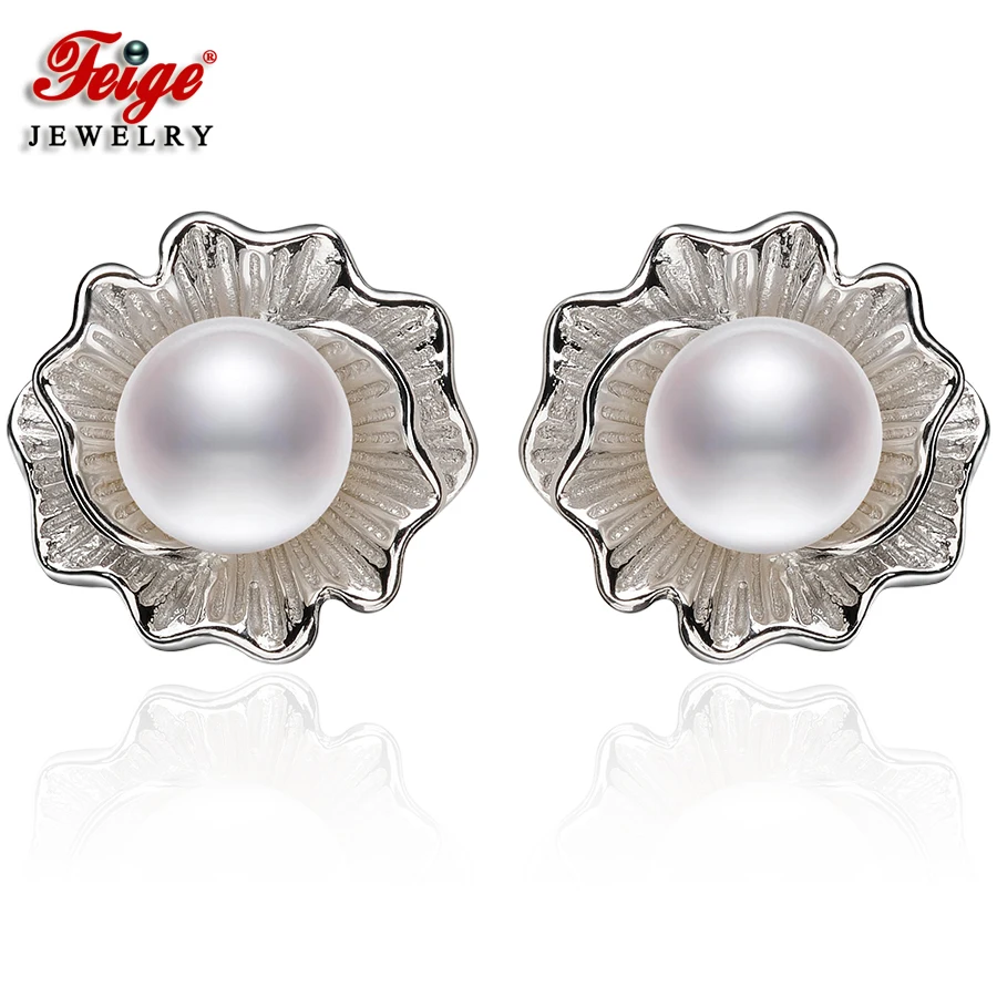 FEIGE High Quality 7 8mm White Genuine Pearl Earrings Brand Pearls