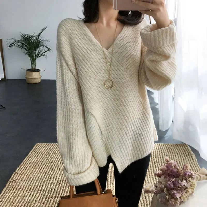 

Korean Style Casual Loose Woman Sweater Tops Pullover 2019 Fashion Split Warm Autumn Stitching Knitted Coat Winter Knitwear