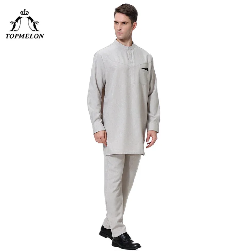 TOPMELON Qatar Kurta Арабский мусульманский ислам комплект одежды мужские juba thebe топы и брюки S-3XL размера плюс новая модная одежда - Цвет: Серебристый