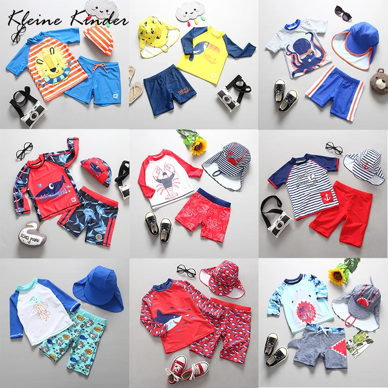 

2020 Cute Boys Swimsuit 3 Pieces Suits Shark Print With Cap Kids Swimwear Separate Bathing Suit Beach Wear For 1-9 Years Old Boy