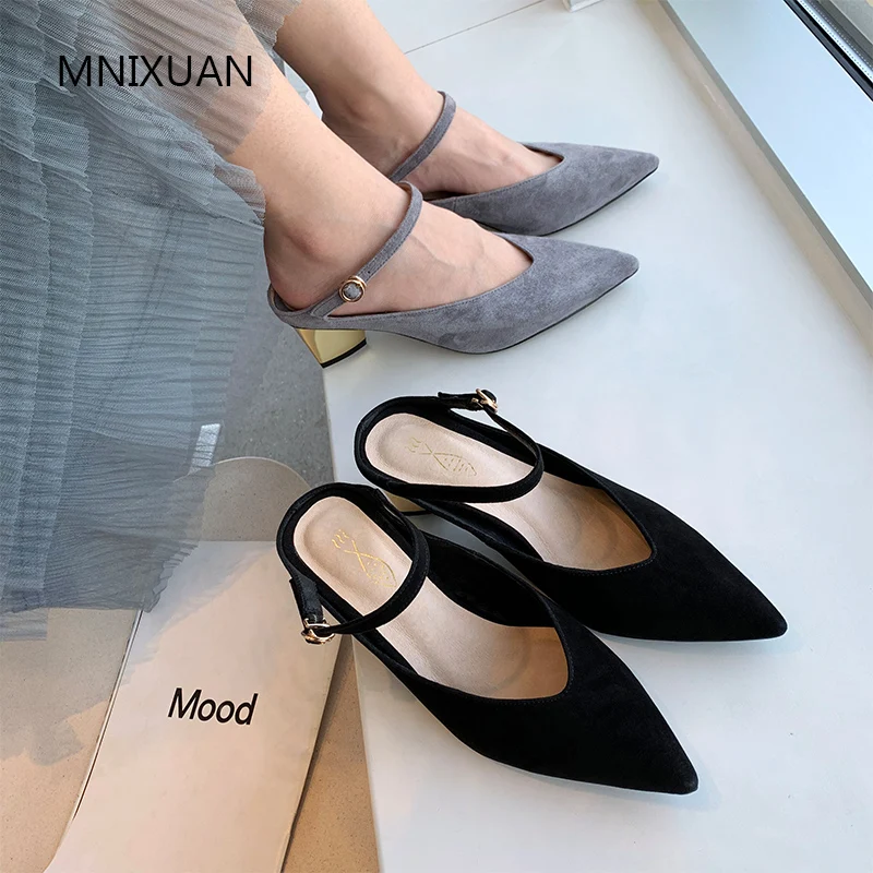 

MNIXUAN Classics summer women shoes pump high heels mules 2019 new sheepsuede sexy pointed toe block heels black gray size 34-39