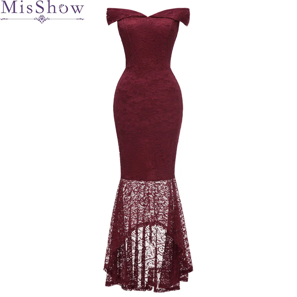 

2019 Mermaid Long Back Short Front evening dress Burgundy Lace prom party dresses high low vestidos de festa Bodycon Slime Dress