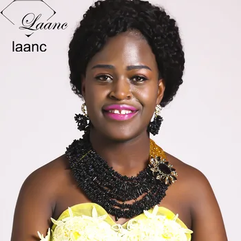 

Laanc Nigerian Wedding African Coral Beads Jewelry Set Black Necklace Earrings for Women AL492