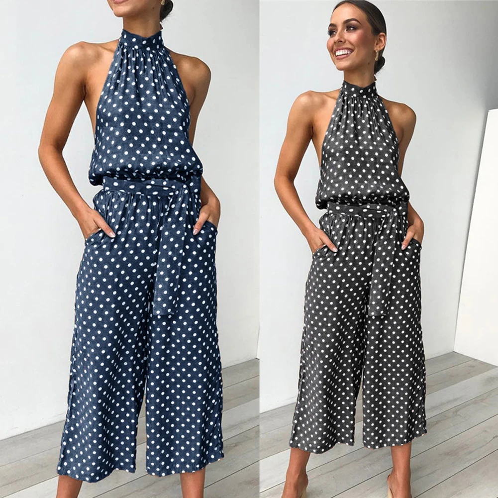 Polka Dots Print Turtleneck Shirred Waist Women Super Comfy Fashion Trendy Boho Print Loose Long Wide Leg Trousers Jumpsuit