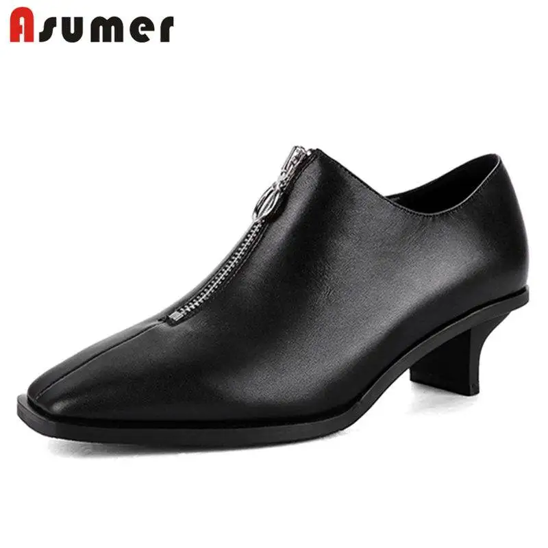 

ASUMER NEW 2020 fashion genuine leather pumps women square med heel square toe zipper spring autumn shoes ladies shoes
