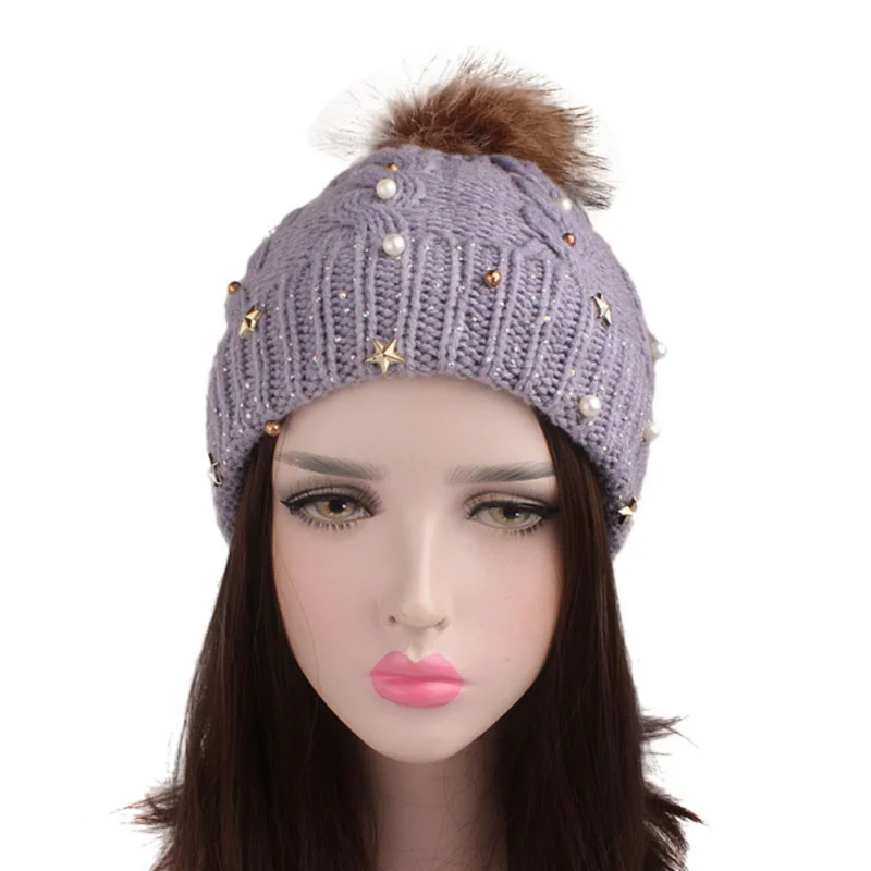 Drill Rhinestone Beanie Women Pom Pom Fur Hat Winter Cap for Women