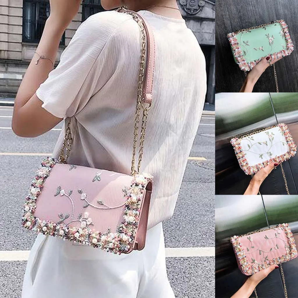 

Lace Flowers Women bag 2019 handbag High quality PU Leather Sweet Girl Square bag Flower Pearl Chain Shoulder Messenger Bag 9.6