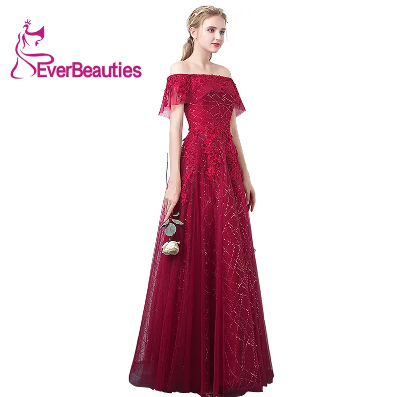 

Evening Dresses Long Boat Neck Lace Tulle Applique Red A-Line 2019 Sleeveless Formal Party Prom Dresses robe de soiree