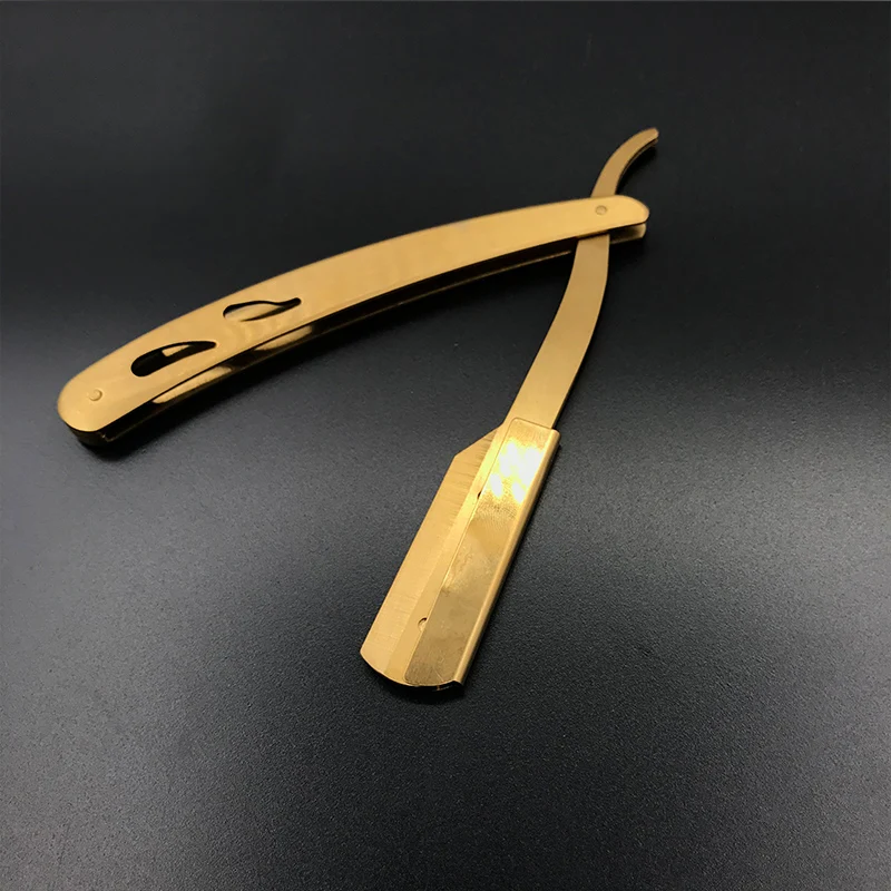 Бритва с одной медной ручкой, бритва для бритья, парикмахерские инструменты, бритва для волос и лезвия, антикварный черный складной нож для бритья - Цвет: Золотой