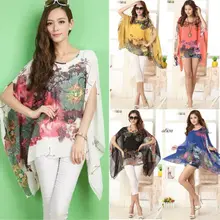 NEW FASHION WOMEN LADY LOOSE CHIFFON FLORAL PRINT KAFTAN PONCHO BLOUSE TOPS calico print poncho blouse
