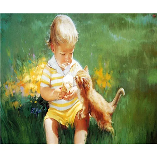 YIKEE декоративная картина маслом на холсте по номерам, по номерам картины маленький мальчик и кот - Цвет: RSB0042